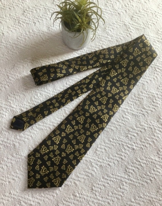 V 100% Silk Handmade Woven Gold Embroidered Navy-Black Tie (Valentino, Versace)
