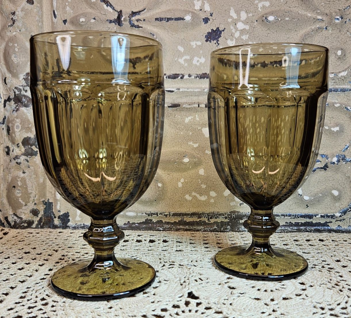 Set of 2 Libbey Made in USA Duratuff Gibraltar Amber Brown Glass Goblet 16oz