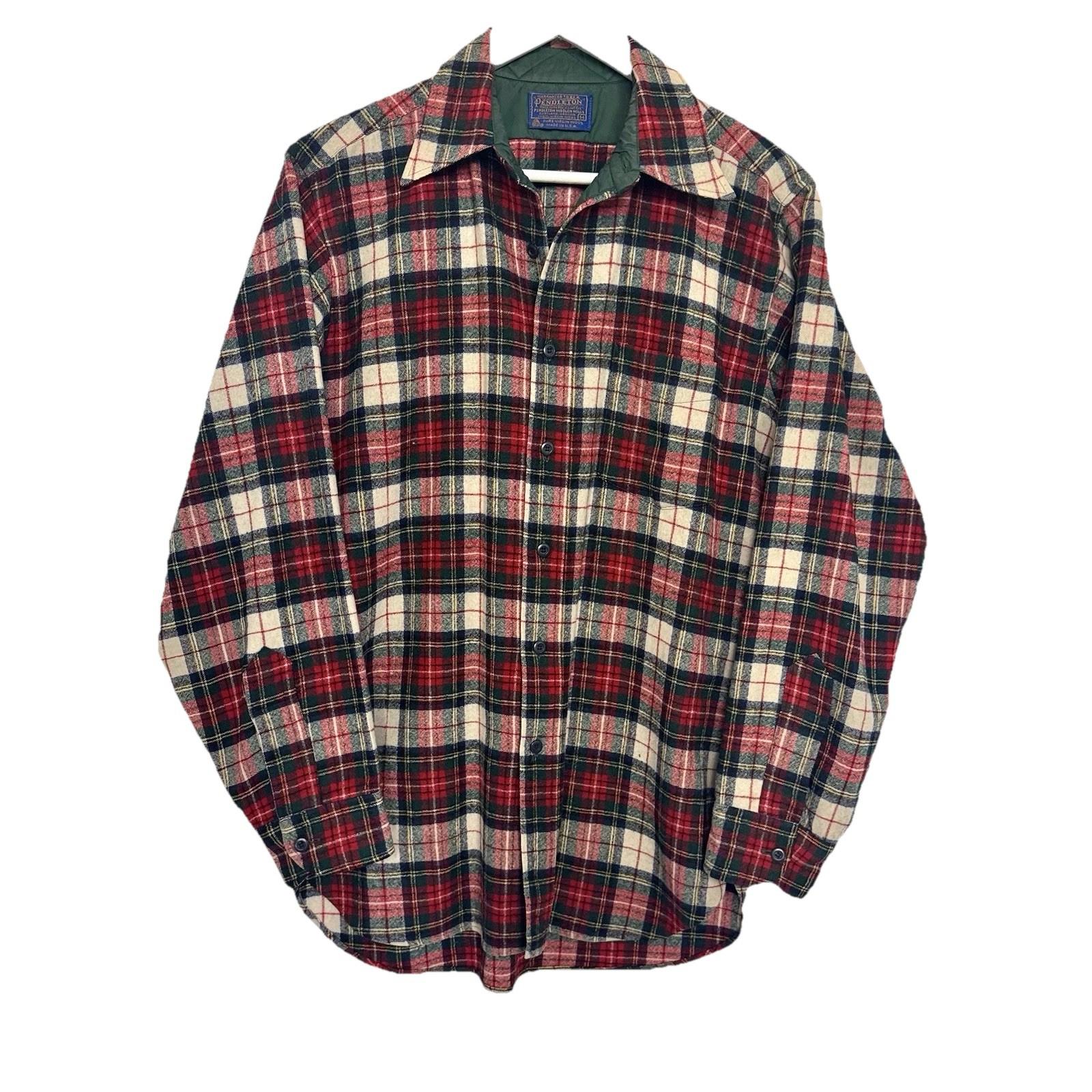 PENDLETON vintage mens M Red Plaid 100% Wool Shirt Long Sleeve