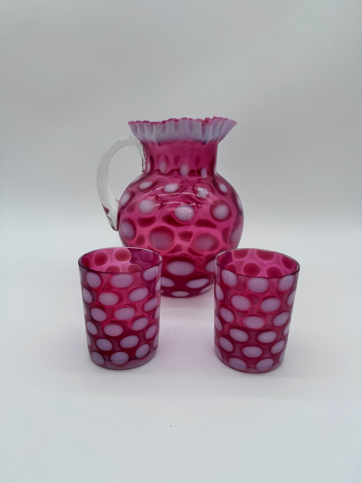 Fenton cranberry opalescent coin dot pitcher set