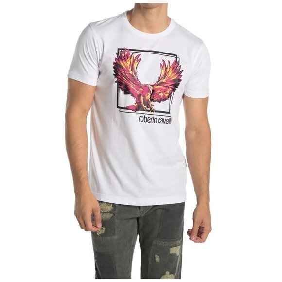 Roberto Cavalli Mens White Phoenix Print Short Sleeve Crew Neck T Shirt Sz L NWT