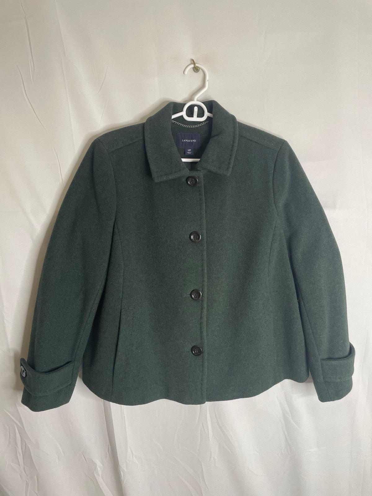 Lands End Womens Size 12 Petite Wool Nylon Recycled Cashmere Pea Coat Green B