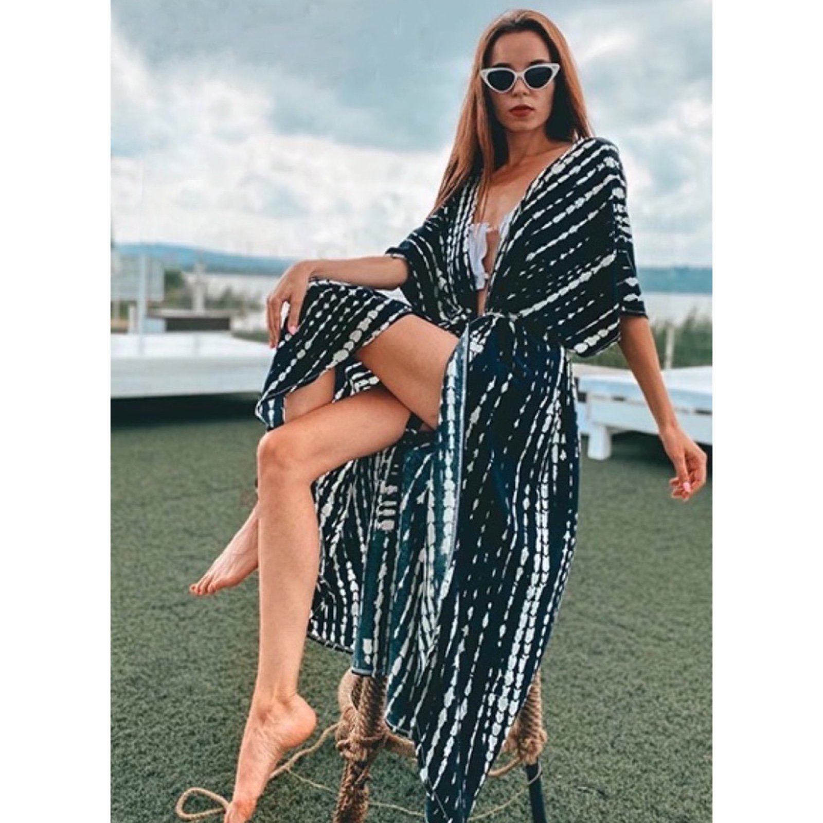 Black and White Abstract Striped Kimono Duster Beach Coverup