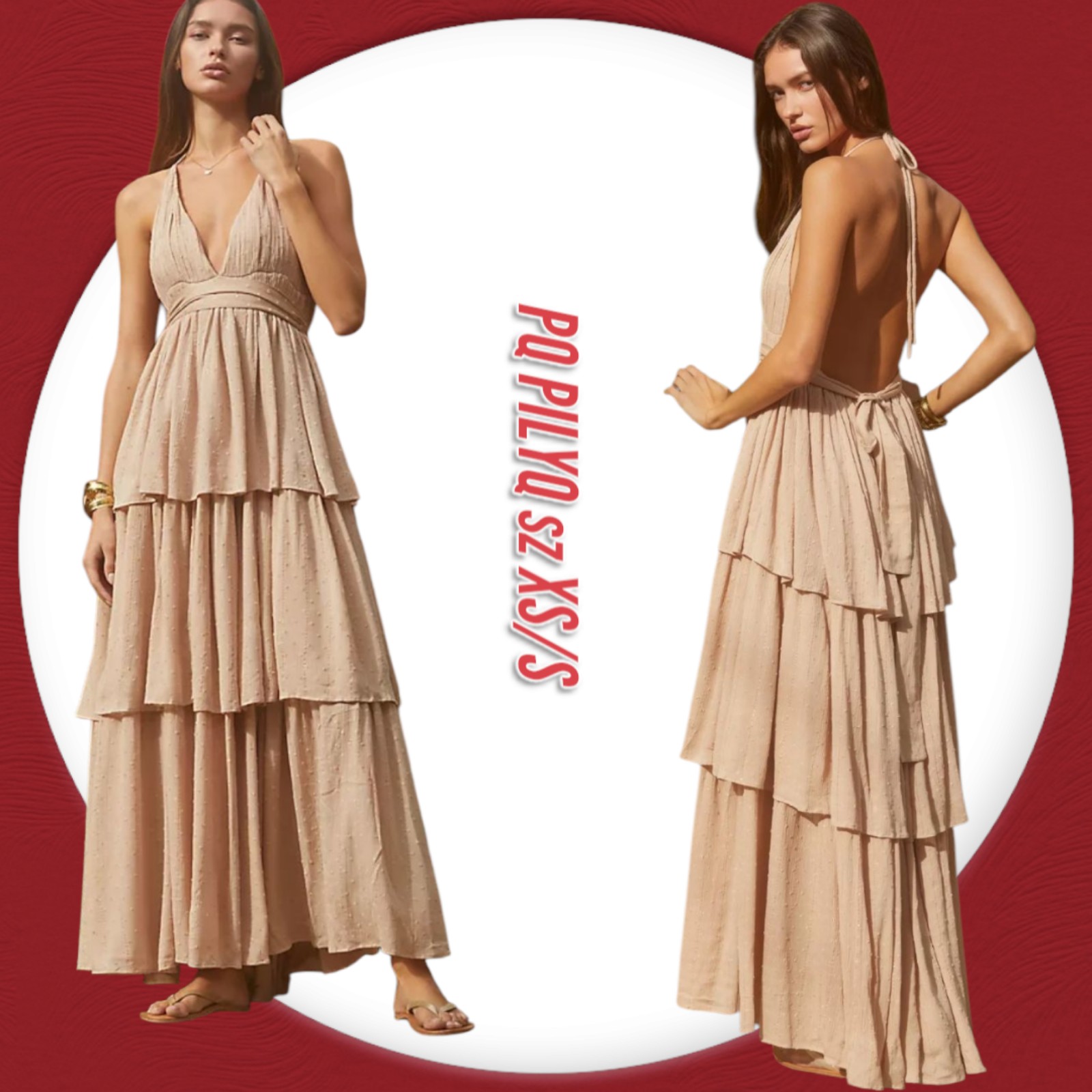 PQ Oro Kristine Halter V- Neck Tiered Backless Maxi Beach Dress