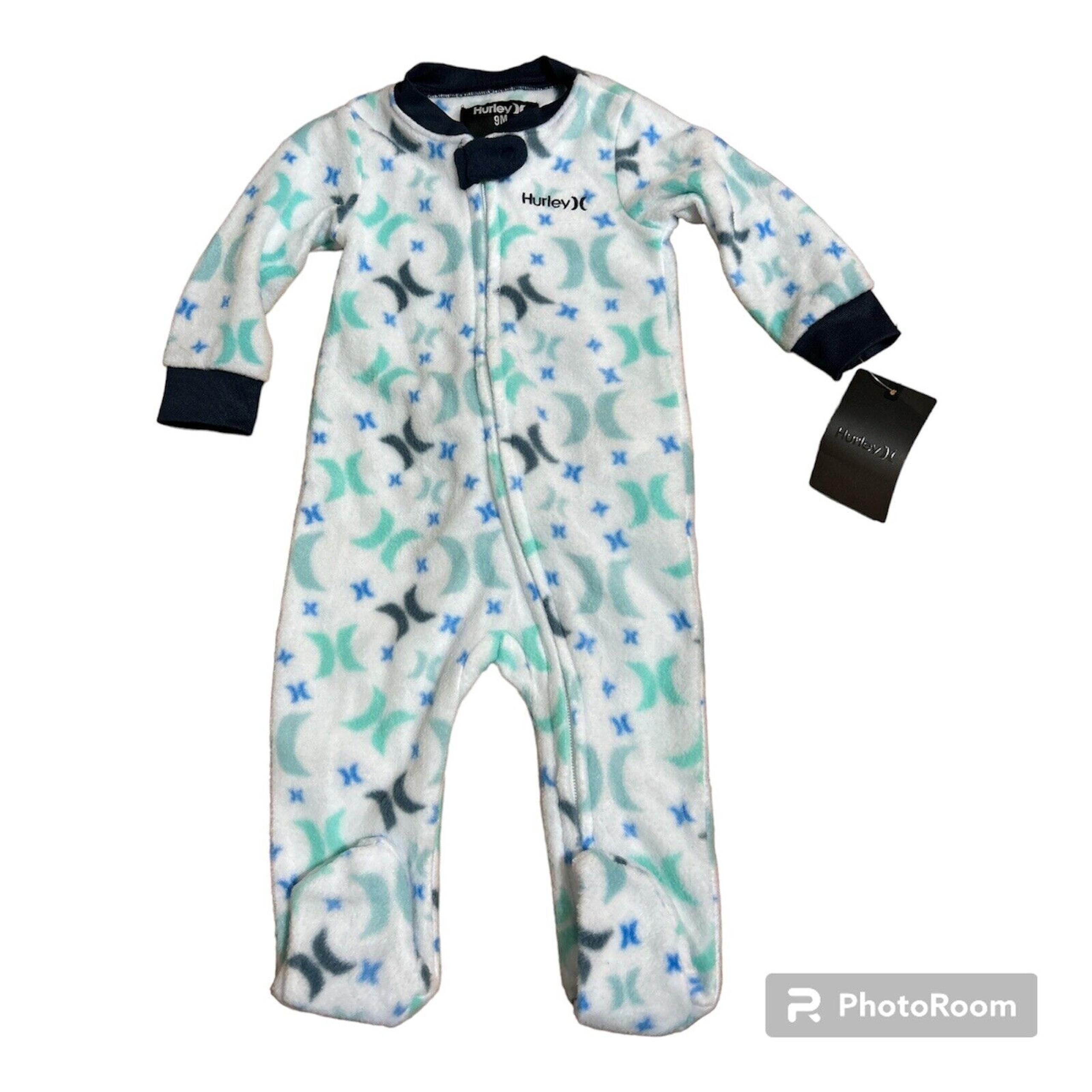 Hurley Baby Fleece Footed Sleeper Pajamas Size 9M White Blue Green Logo Print