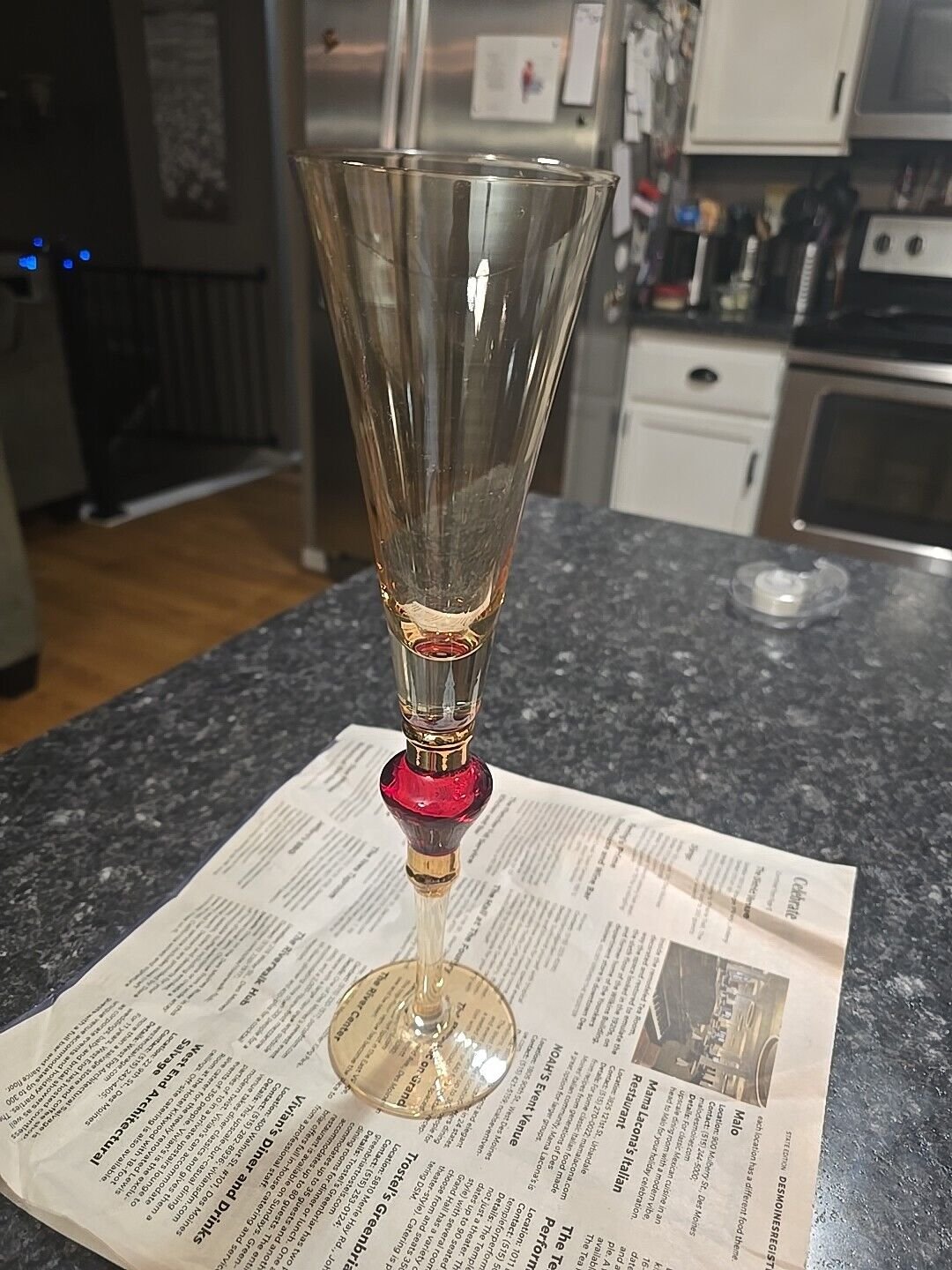 (2) Pier 1 Amber Luster Red Jewel 11.5” Champagne Flute Glass 14k Gold Trim