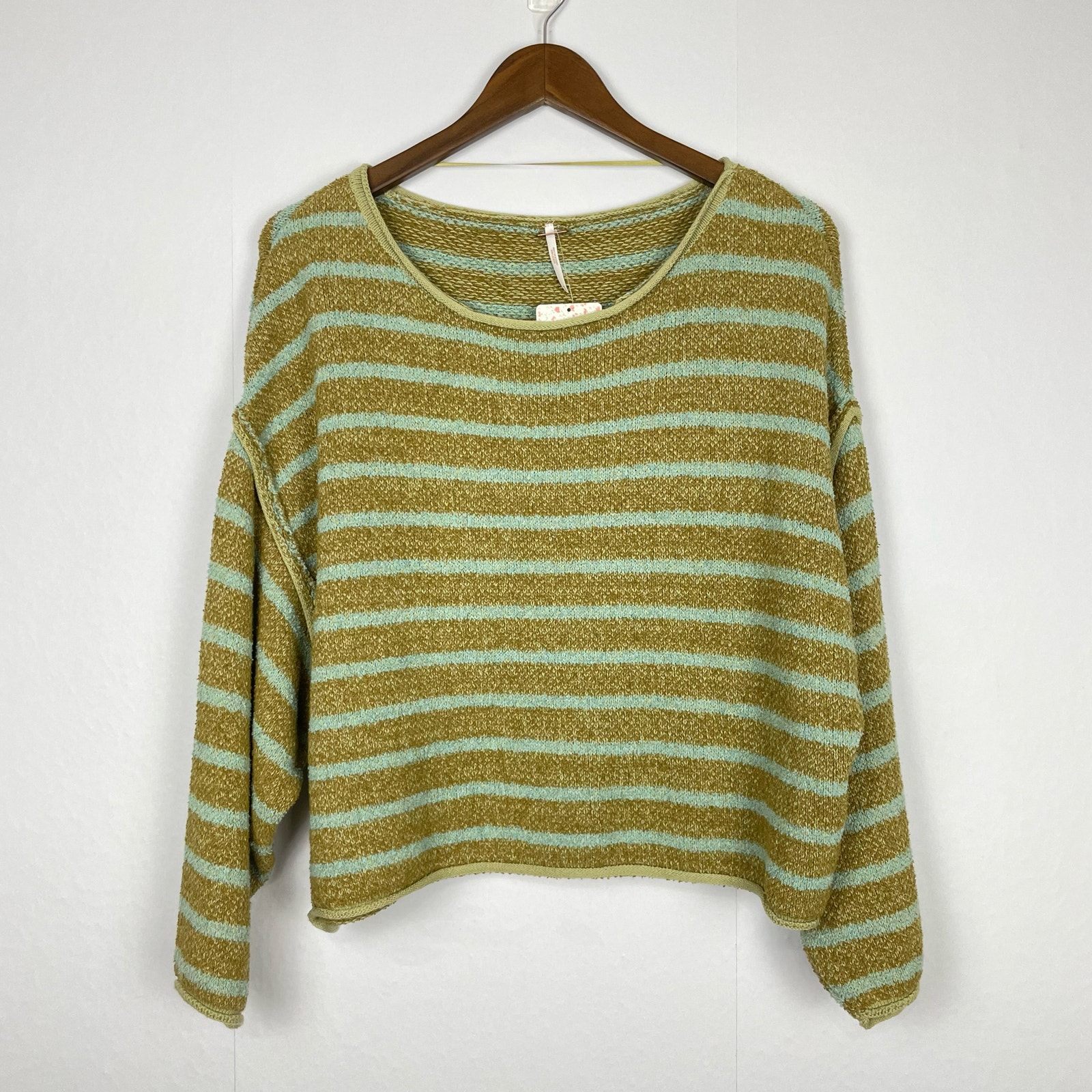 Free People NWT Bardot Sweater Oversized Drop Shoulder Green & Blue Stripe