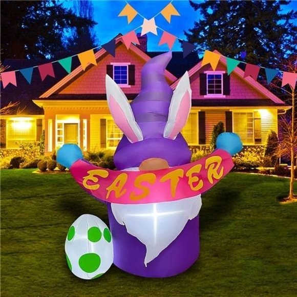 4 Ft Inflatable Easter Gnome with Egg Decoration Build-in LED