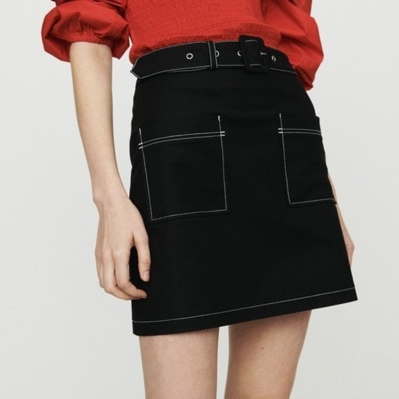 NWT Maje Jombi Jupe Black Top Stitched Cotton Belted Cotton Mini Skirt 40/L