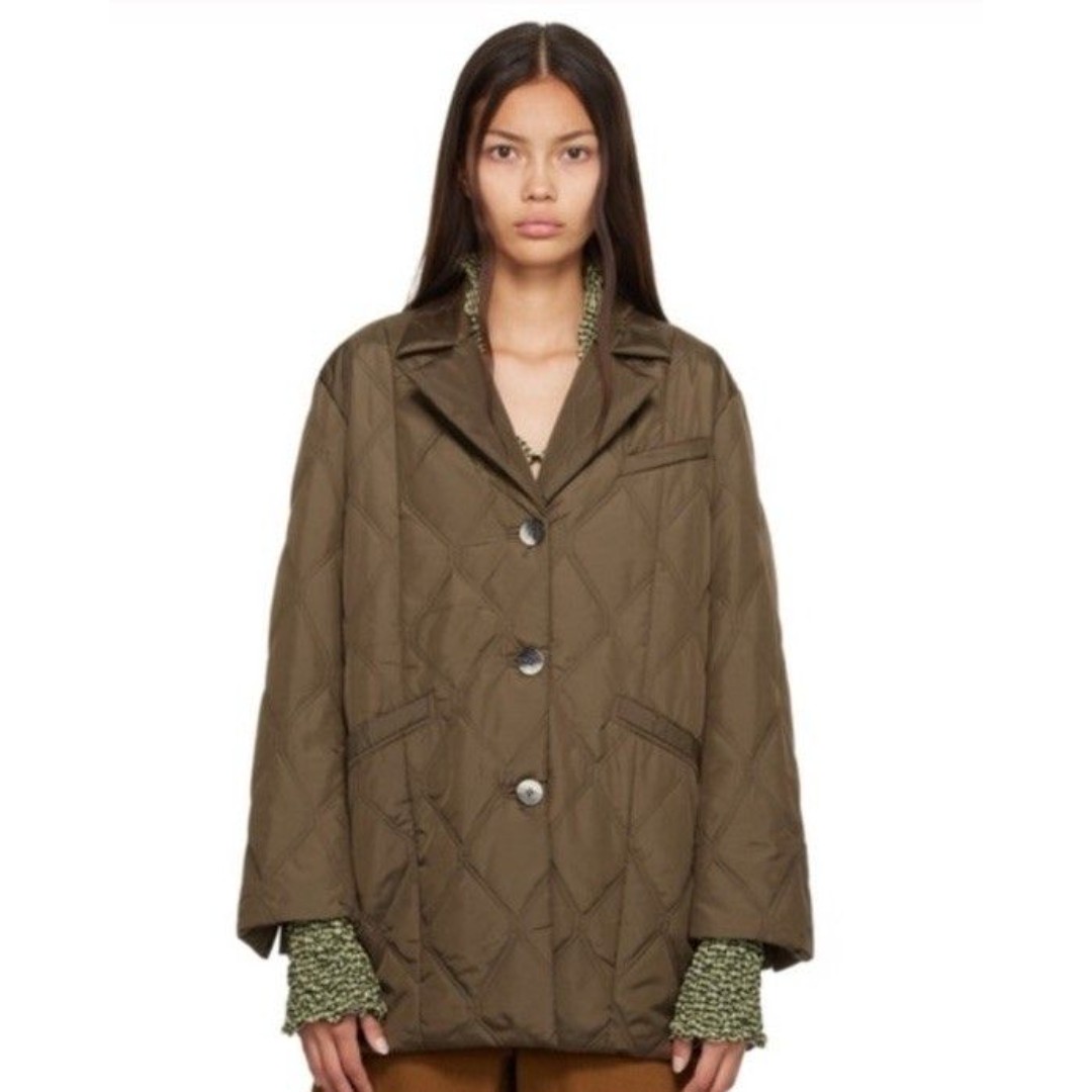 GANNI Diamond Quilted Ripstop Oversized Jacket Teak Brown Coat Women’s Size M