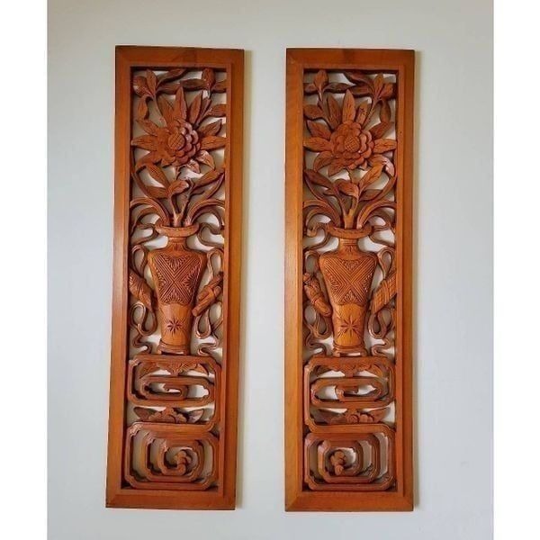 Vintage Japanese Floral Handcarved Wood Panel Wall Hanging Set
