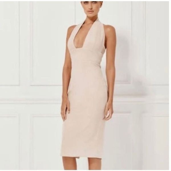Mischa Women's Beige Halter Midi Dress Faux Suede Party Cocktail M nwt