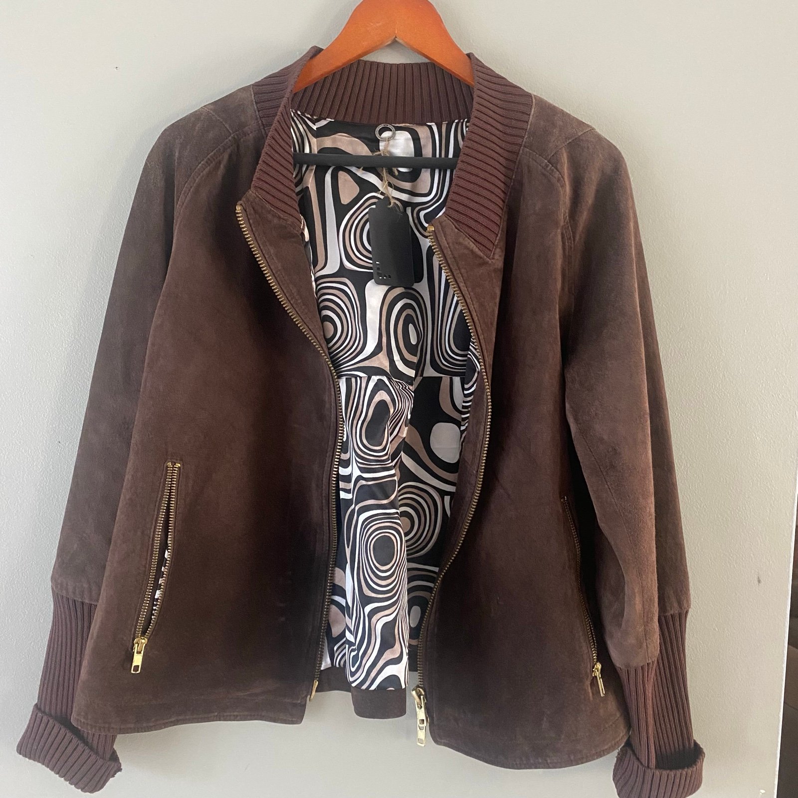 One Girl Who Brown Suede Leather Bomber Jacket Retro Fall Soft S/M