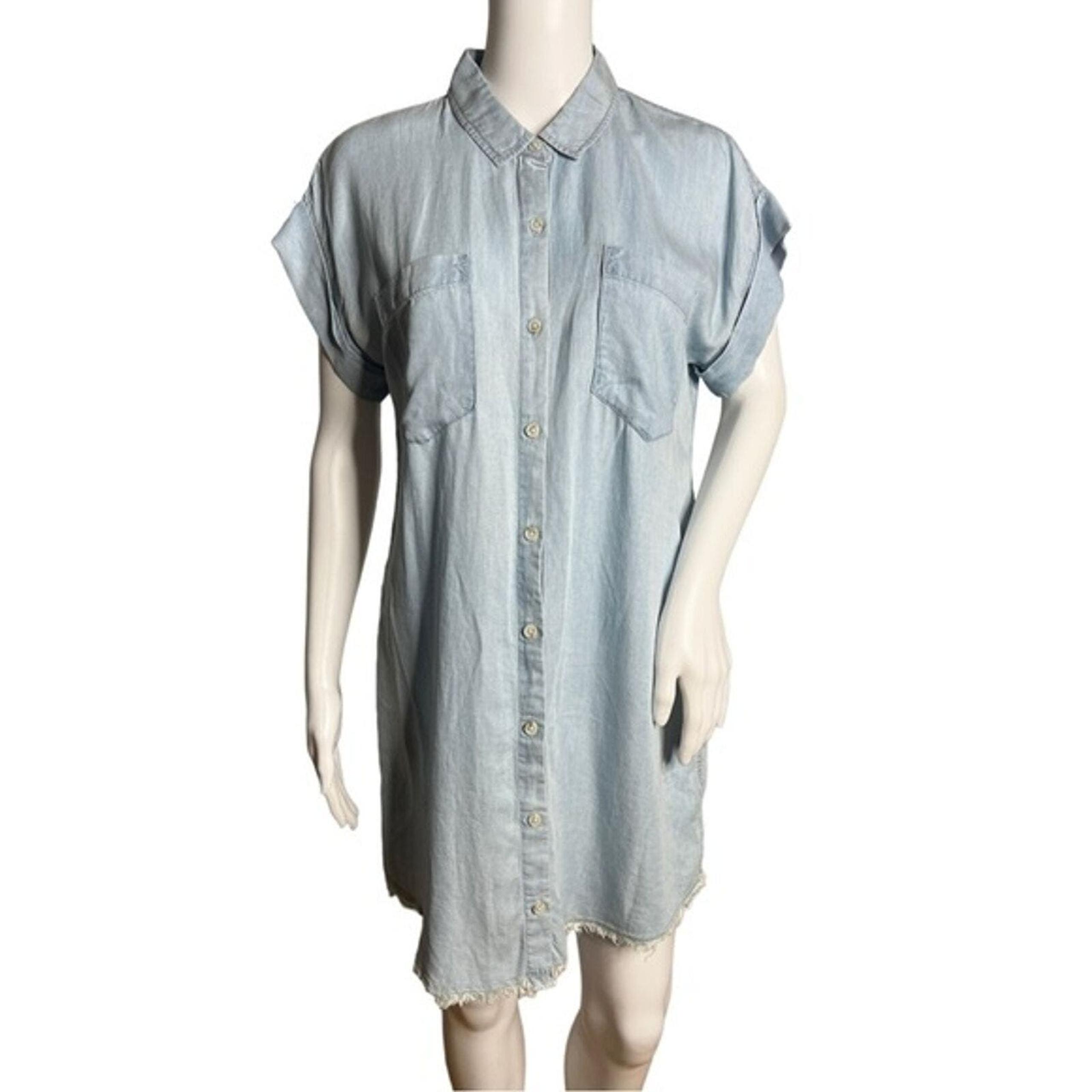 Thread & Supply Dress Womens Small Blue Chambray Shirt Dress Frayed Hem Preppy