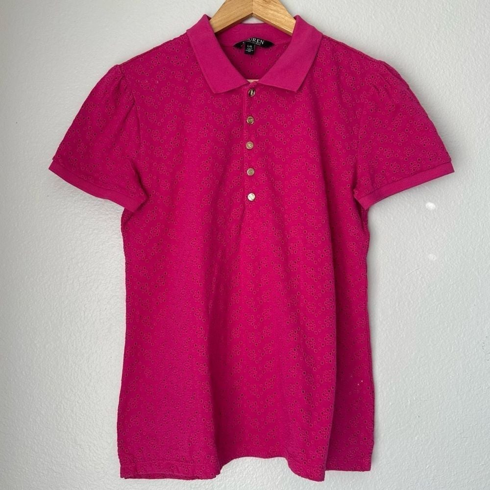 Lauren Ralph Lauren Black Label Eyelet Jersey Pink Polo Size Large Black label
