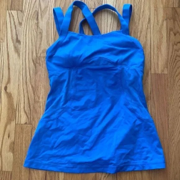 sz 8 blue Chaturanga tank bra w/ pads device zip great pre owned cond