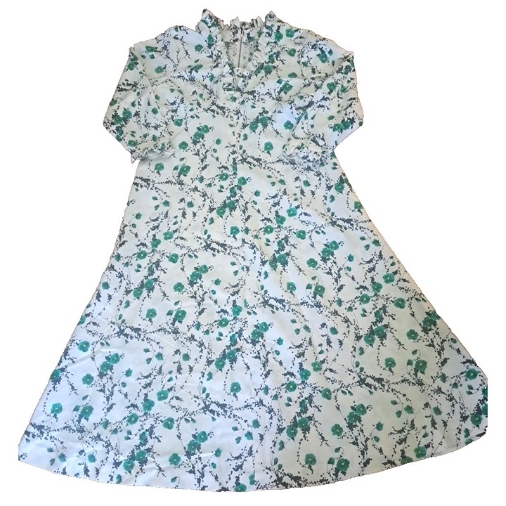 Vintage Maxi Dress Black Green Floral Polyester Long Sleeve Modest Womens XL