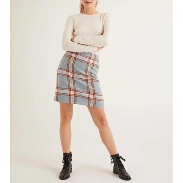 Boden 100% Wool British Tweed Blue & Orange Plaid A-line Mini skirt Plus Size 18