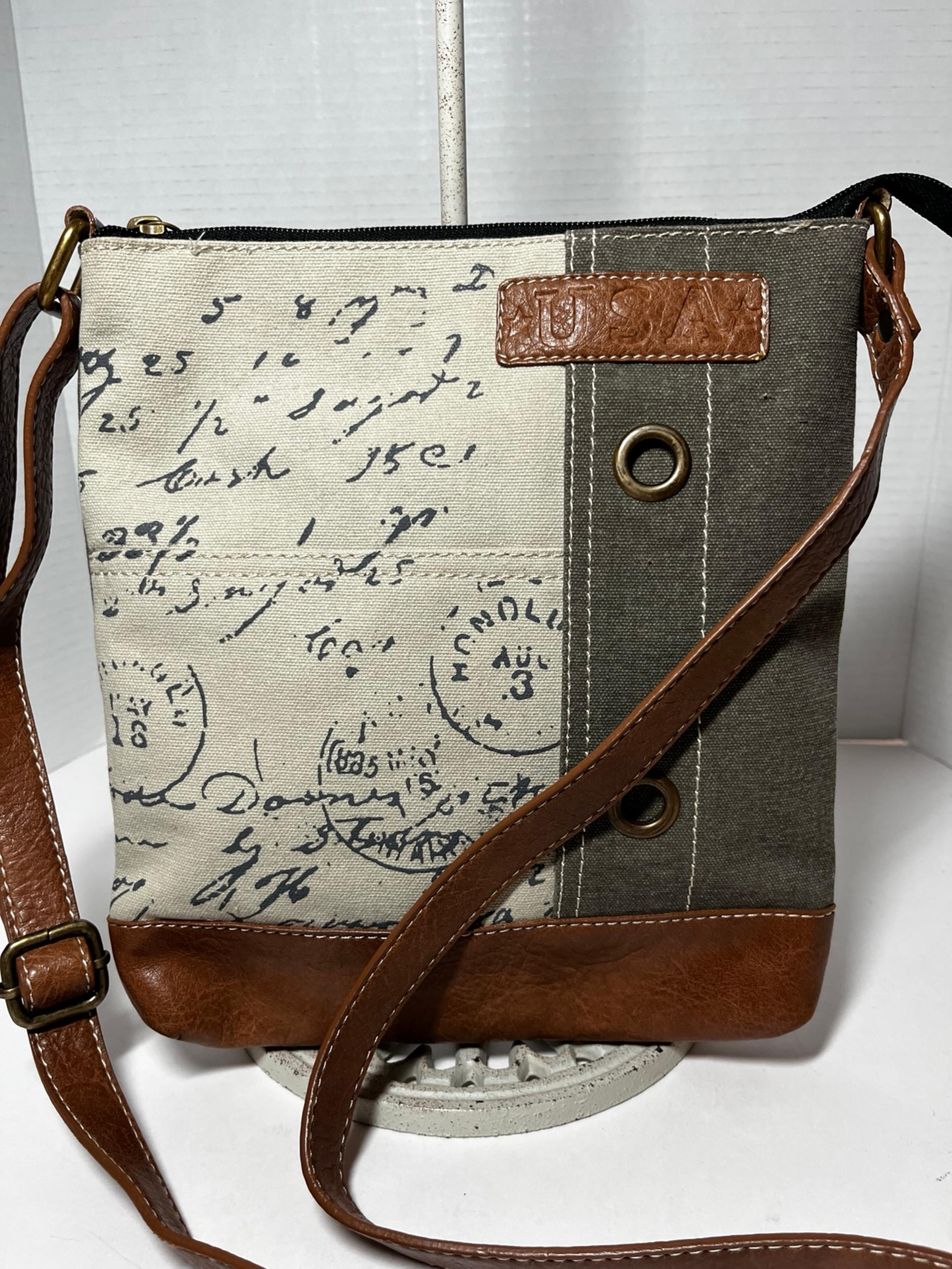 Mona B Vintage Script Up-Cycled Canvas Crossbody - Mono B