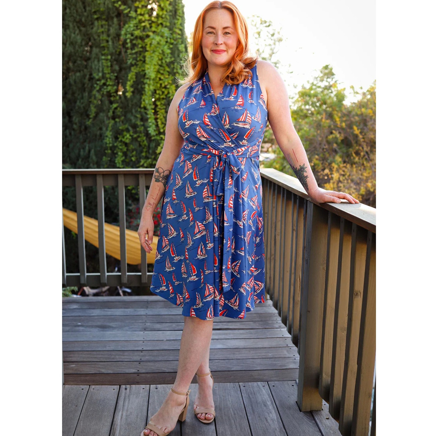 Karina Easy Dress Ruby Sail Away Blue Boat Print Faux Wrap V-Neck Sz 2X