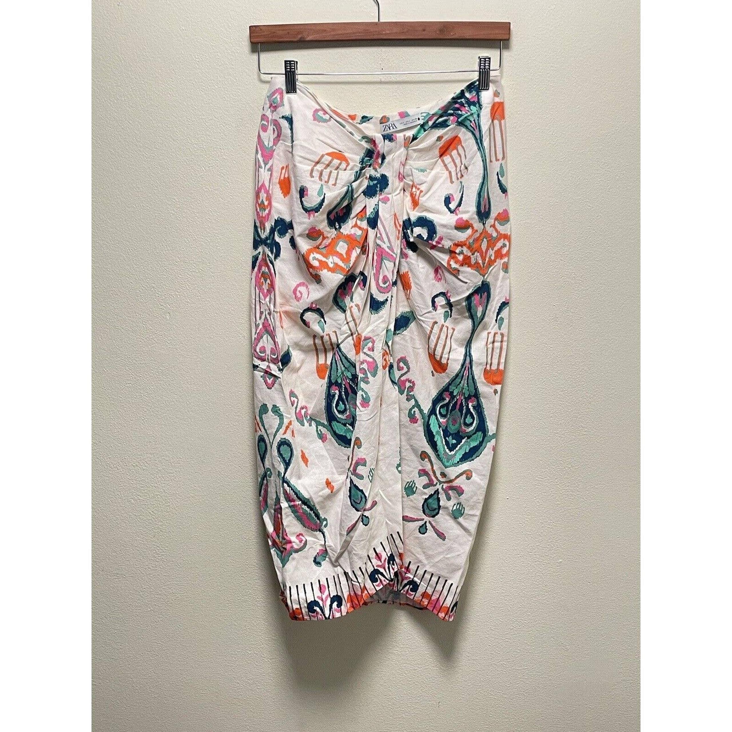 Zara Womens Pareo Skirt Large Colorful Printed Wrap Knot Blogger Fave Artsy FLAW