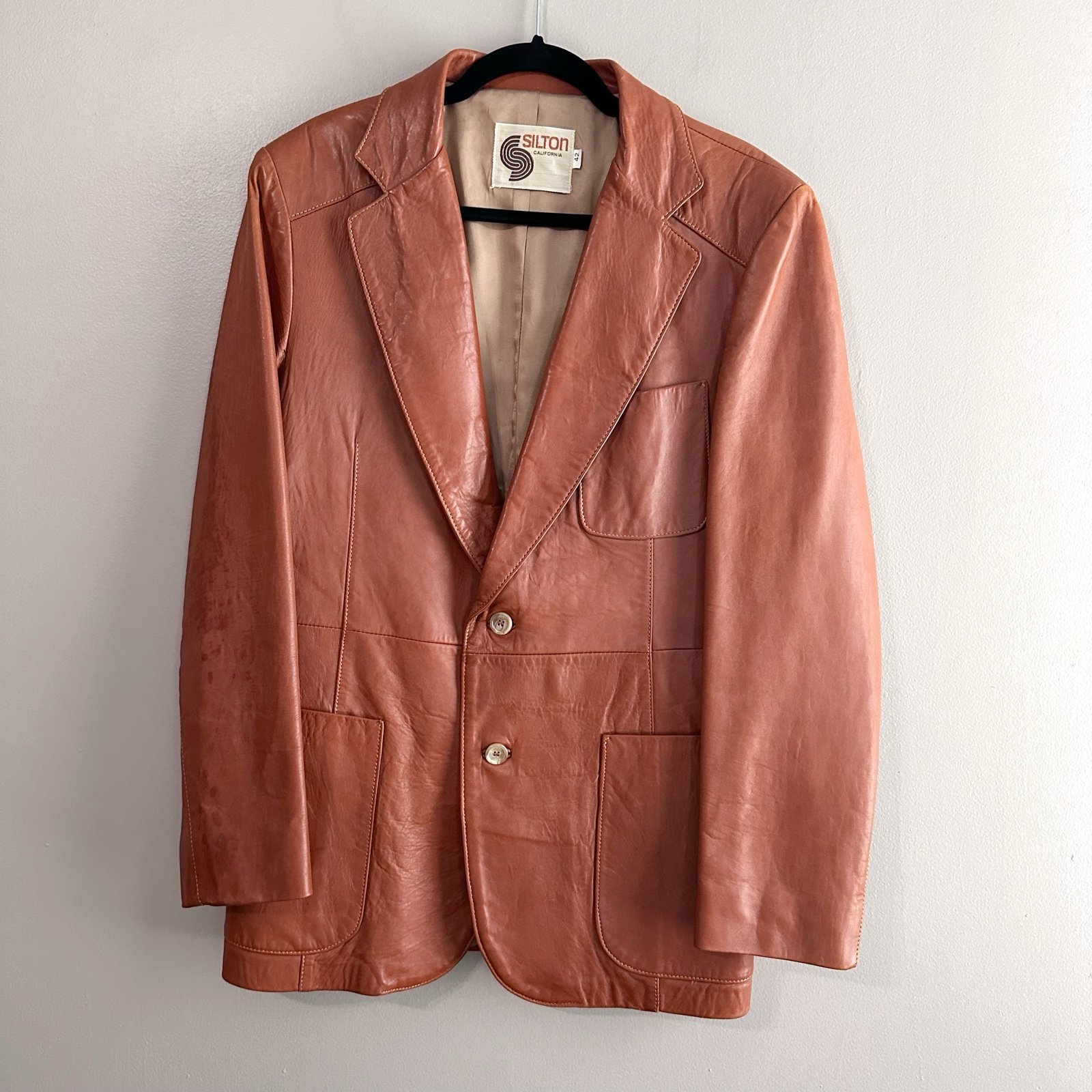 Silton California Vintage ‘70s Cognac Leather Jacket Size 42 Lined Button