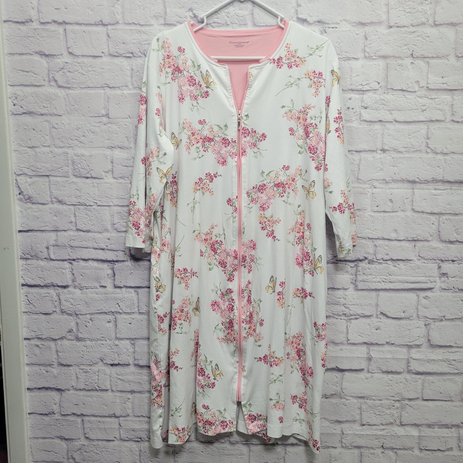 Cuddledown Pima Cotton Floral Robe Size L Full Zip Flowers Butterflies Pockets