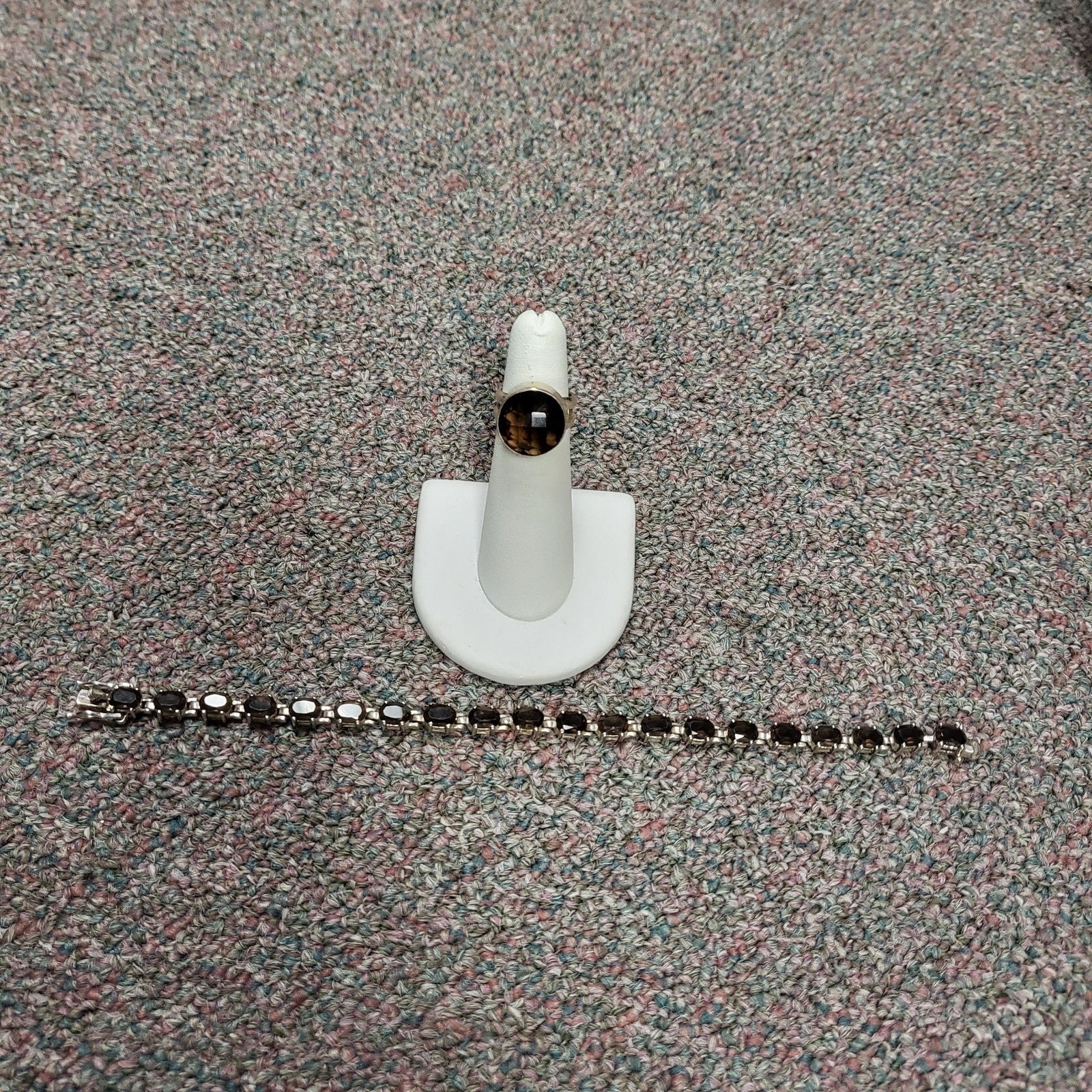 Vintage sterling silver smokey quartz tennis bracelet with matching ring