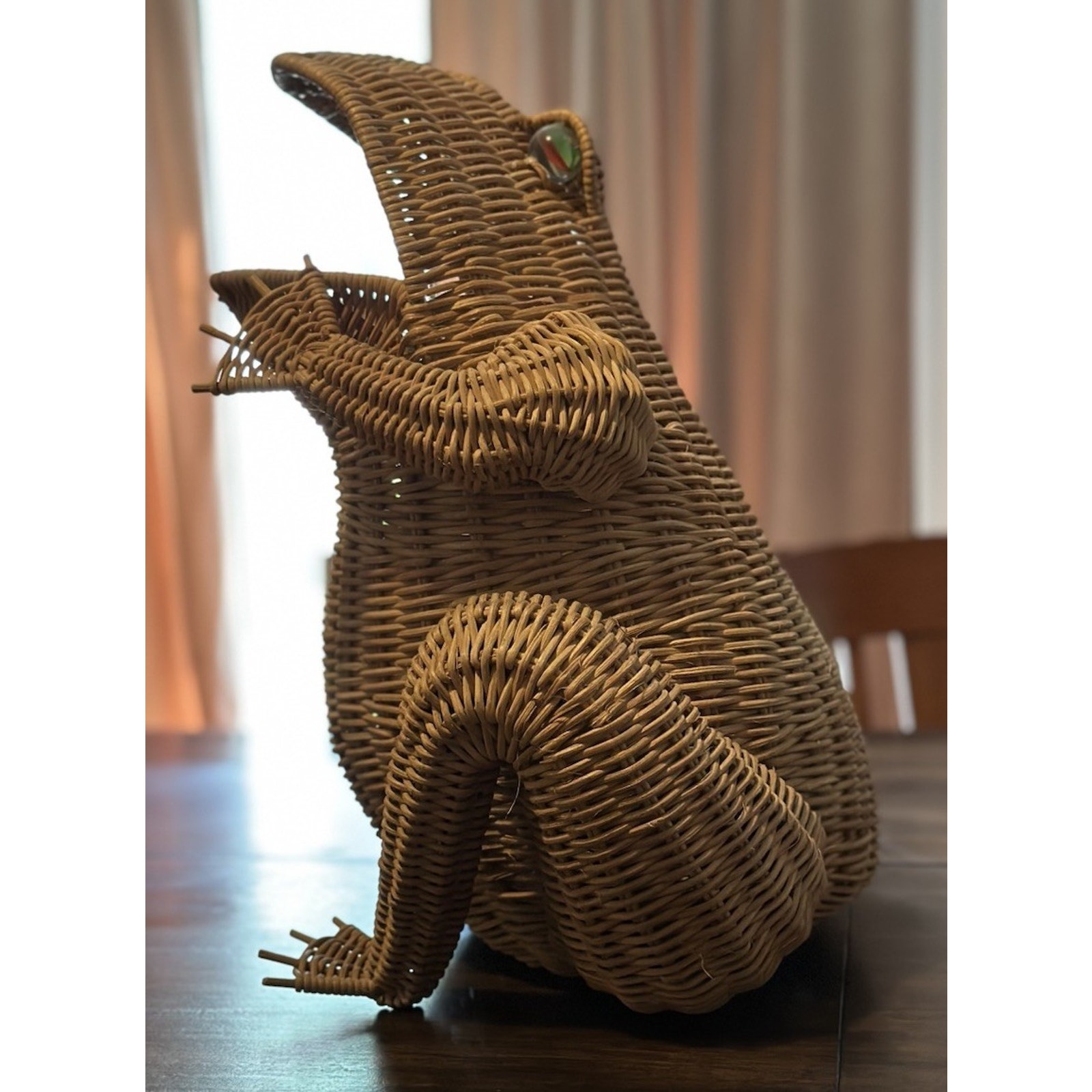 Vintage MCM Wicker Rattan Frog Basket Bin Large 18” Glass Marble Eyes