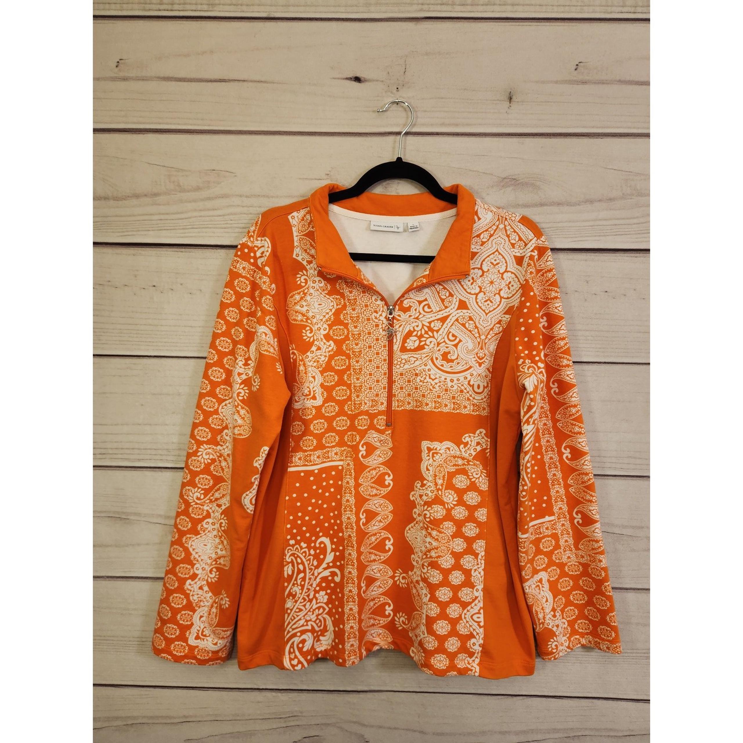 Susan Graver Womens Orange Paisley Print Long Sleeve Half Zip Jacket Size Large