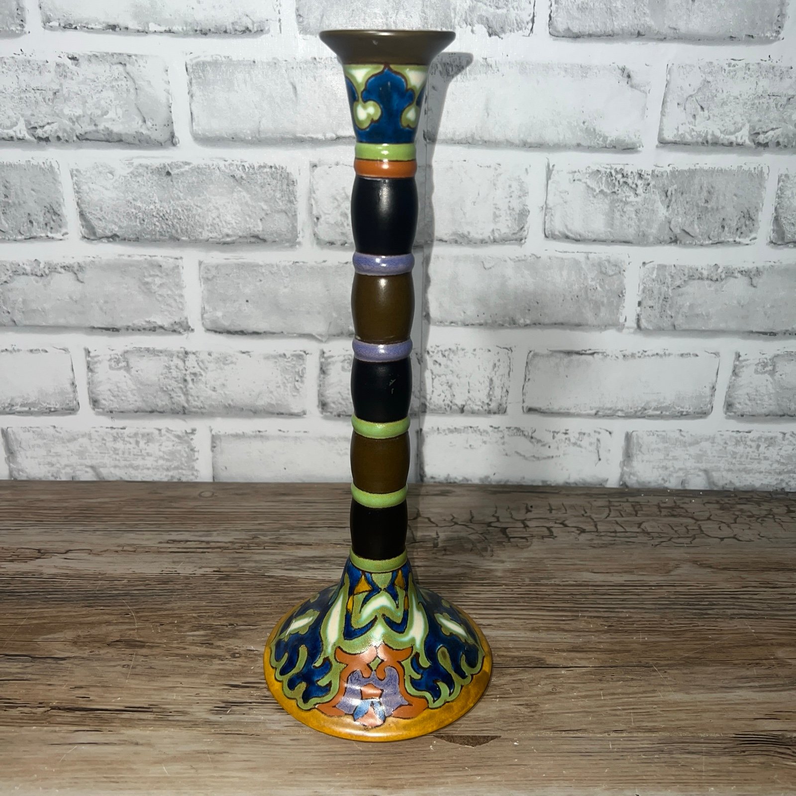 Vintage Gouda Holland Pottery Candlestick 11.5” Folk Art Signed