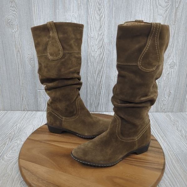 Sofft Tall Brown Suede Leather Ruched Boots Flat Heel Women's Size 6.5M NEW