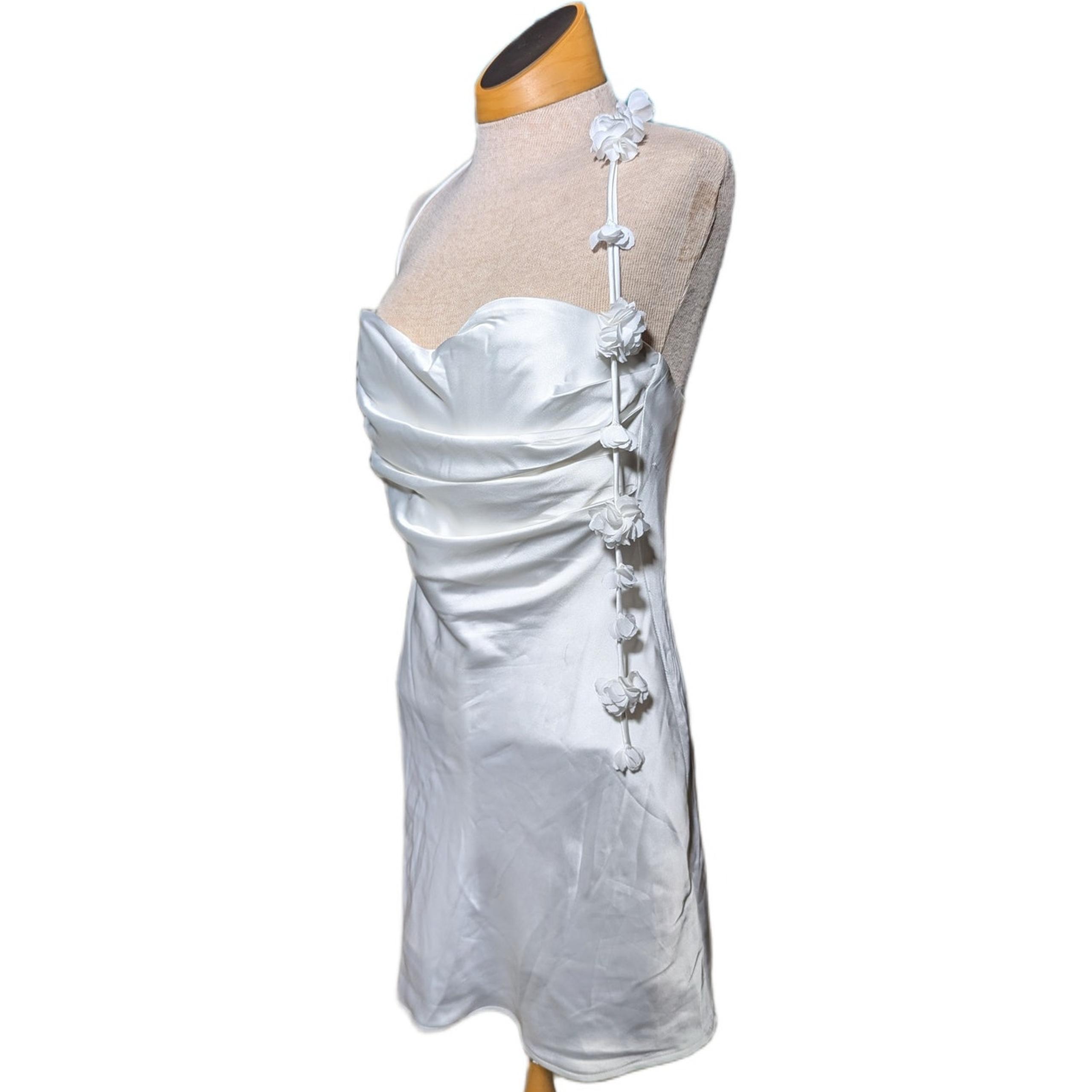Meshki Otillie White Satin Rose Flower Strap Draped Neck Reception Mini Dress M