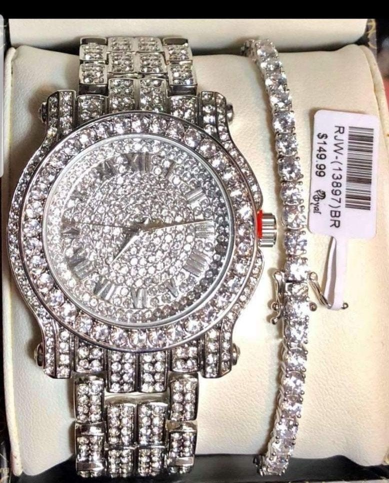14K Gold Plated Watch & Iced Out Tennis