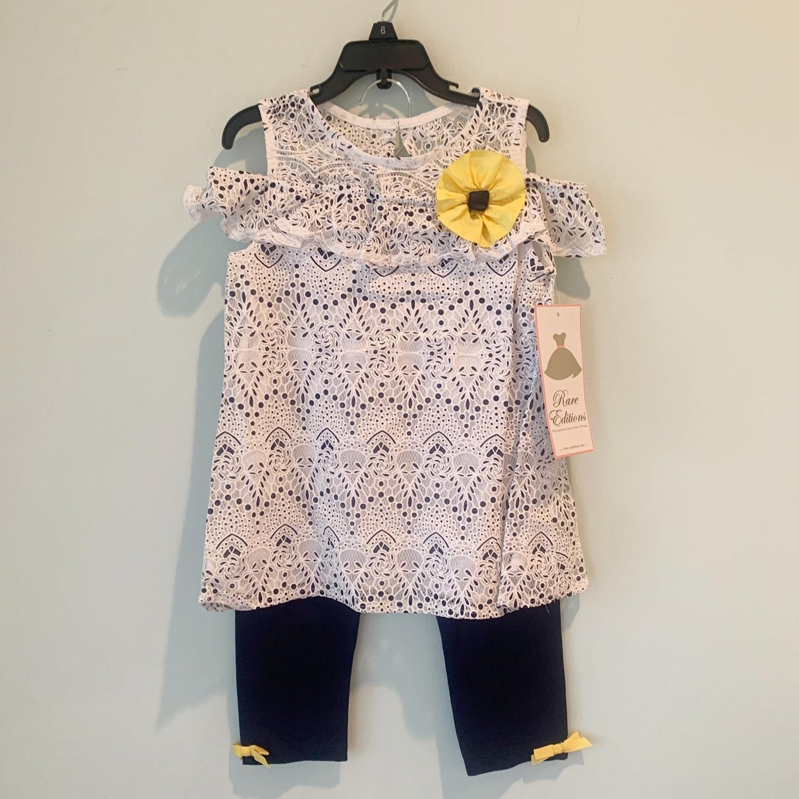 NWT Rare Editions Easter Lace Yellow Navy Daisy 2 Pc Leggings Set 6