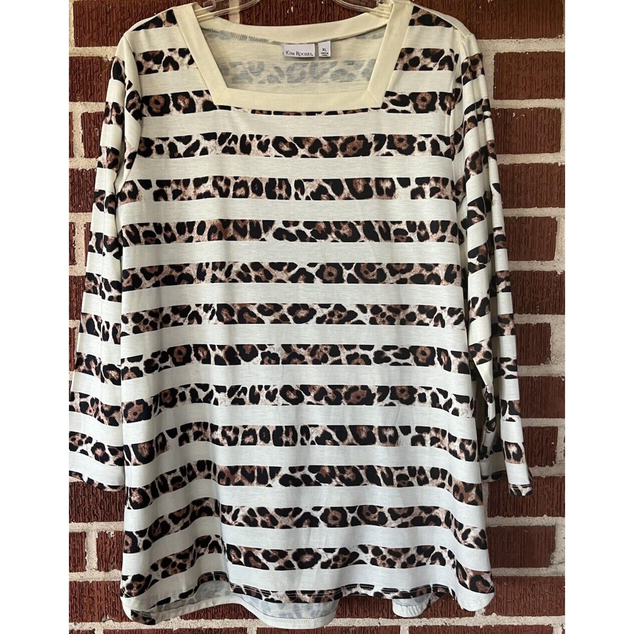 Kim Rogers White Leopard Striped Knit Top 3/4 Sleeves Size XL