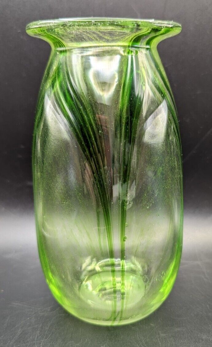 Peter St Clair British Studio Art Glass Green Swirl Vase Hand Blown, Signed 1987
