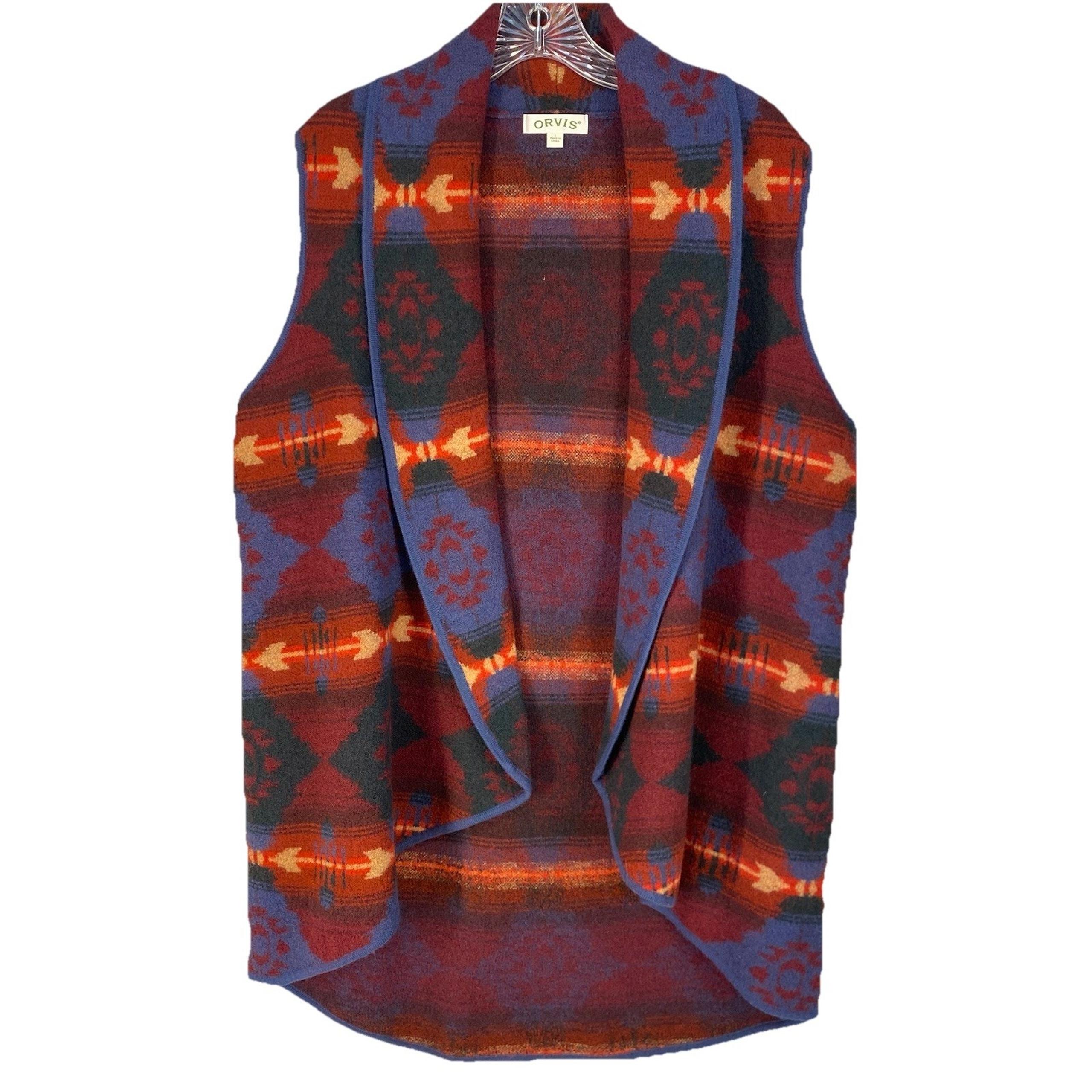 Orvis Womens Large Merino Wool Vest Southwestern Aztec Drape Open Front