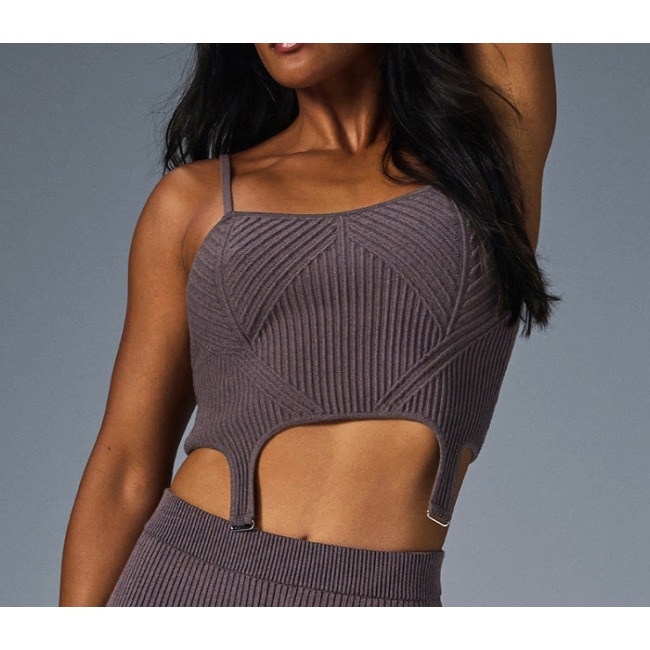 Alo Denim Knit Garter Tank Raisinette Black Suspenders Sexy Textured Sweater Top
