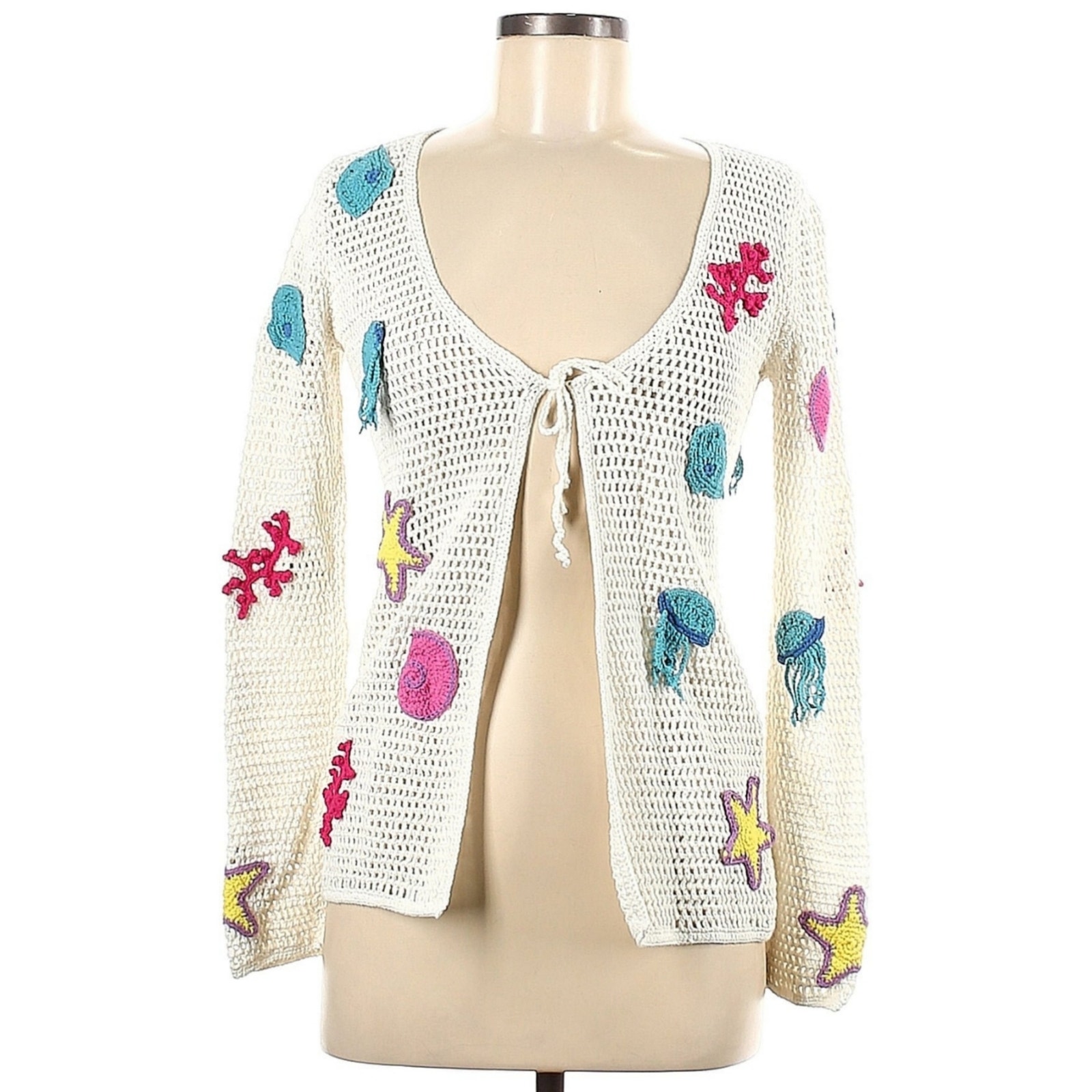 CRO-CHE Under The Sea open knit net crochet cardigan sweater nautical patches M
