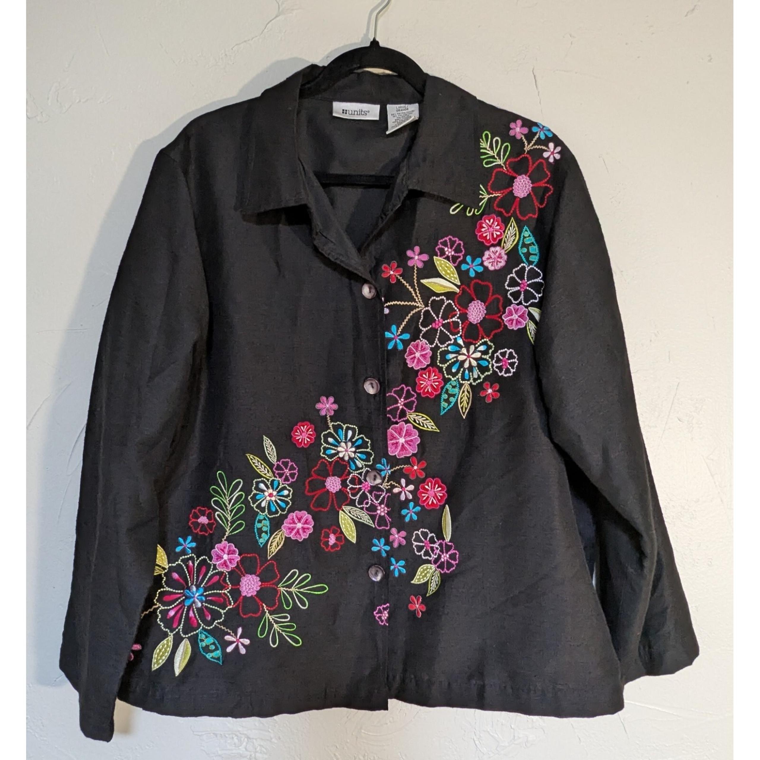 Units Women's Jacket Large Black/Multi Vibrant Embroidered Floral Accents NWOT