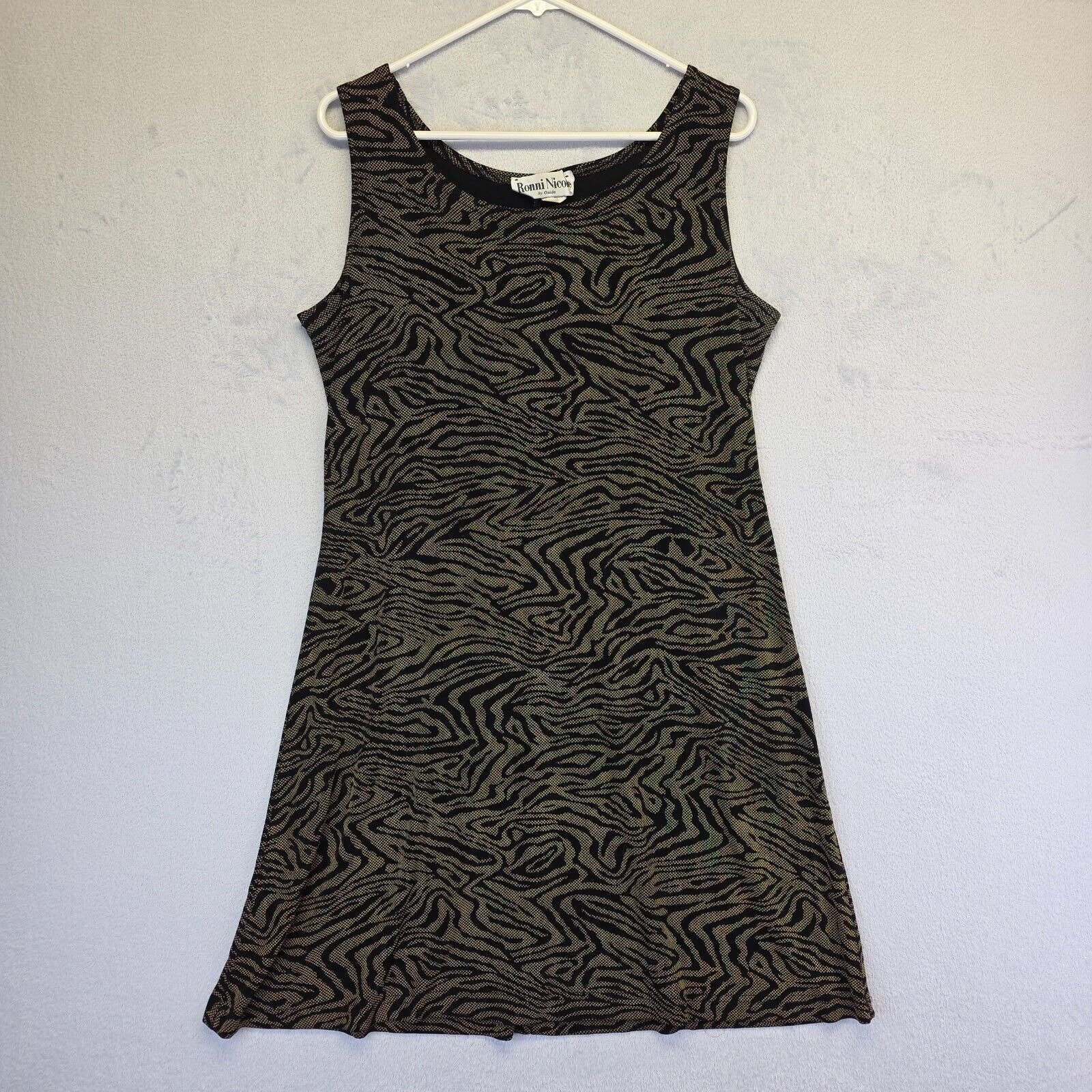 Vintage Ronni Nicole Ouida Dress 12 Beige Black Psychedelic Animal Print 90s