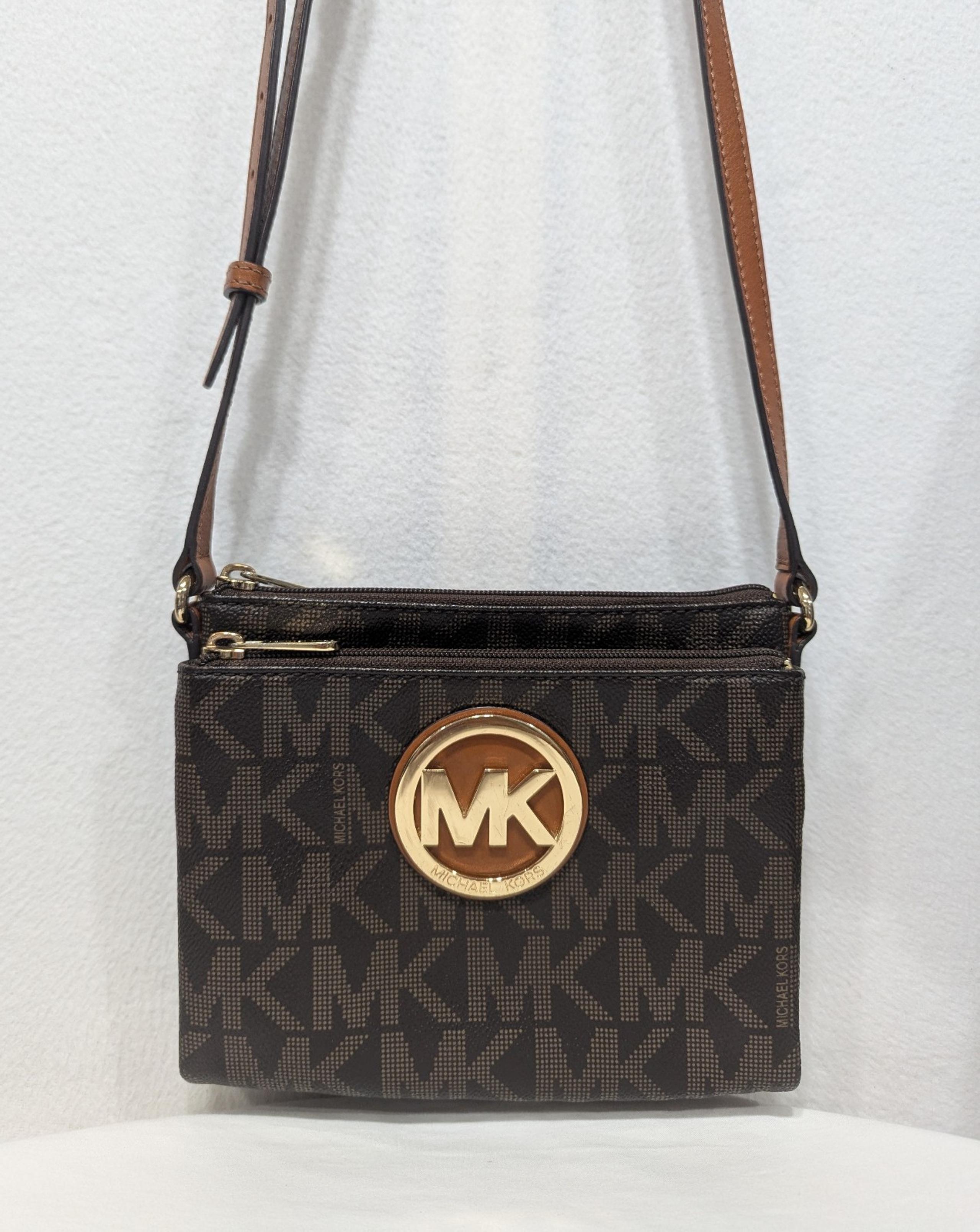 Michael Kors Fulton Double Zip Crossbody Signature MK Brown Gold 35F3GFTC3B