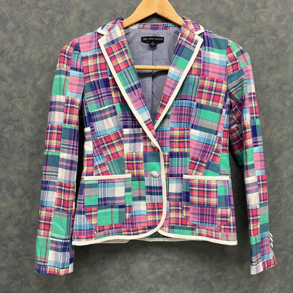 Brooks Brothers 346 Madras Patchwork Plaid Blazer White Trim Preppy Jacket Sz 2