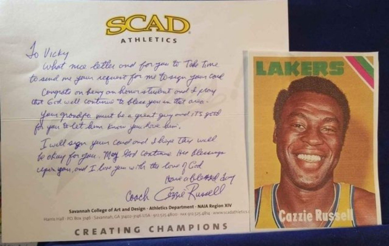 Cazzie Russell Handwritten autographed letter W/Coa