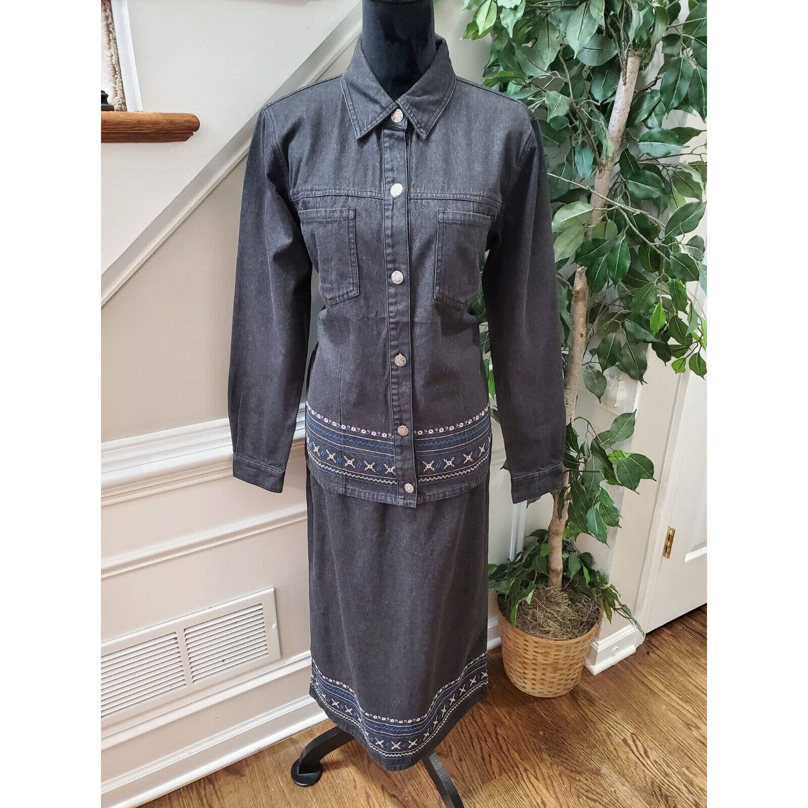 Denim & Co Women Gray 100% Cotton Long Sleeve Jacket & Skirt 2 Piece Suit Size S