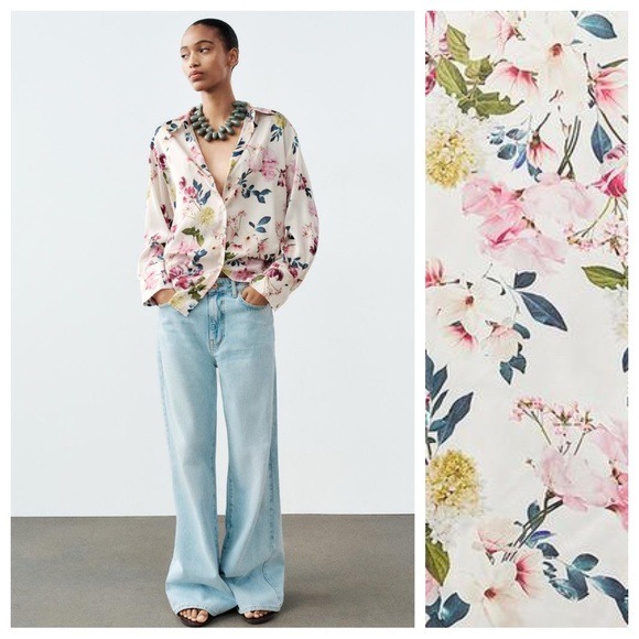 NWT Zara ZW Collection Multicoloured Satin Effect Floral Collared Shirt Size S.