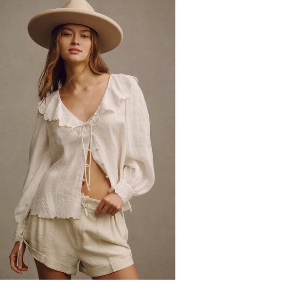 By Anthropologie Long-Sleeve Embroidered Linen Tie-Front Top LP PL white new nwt