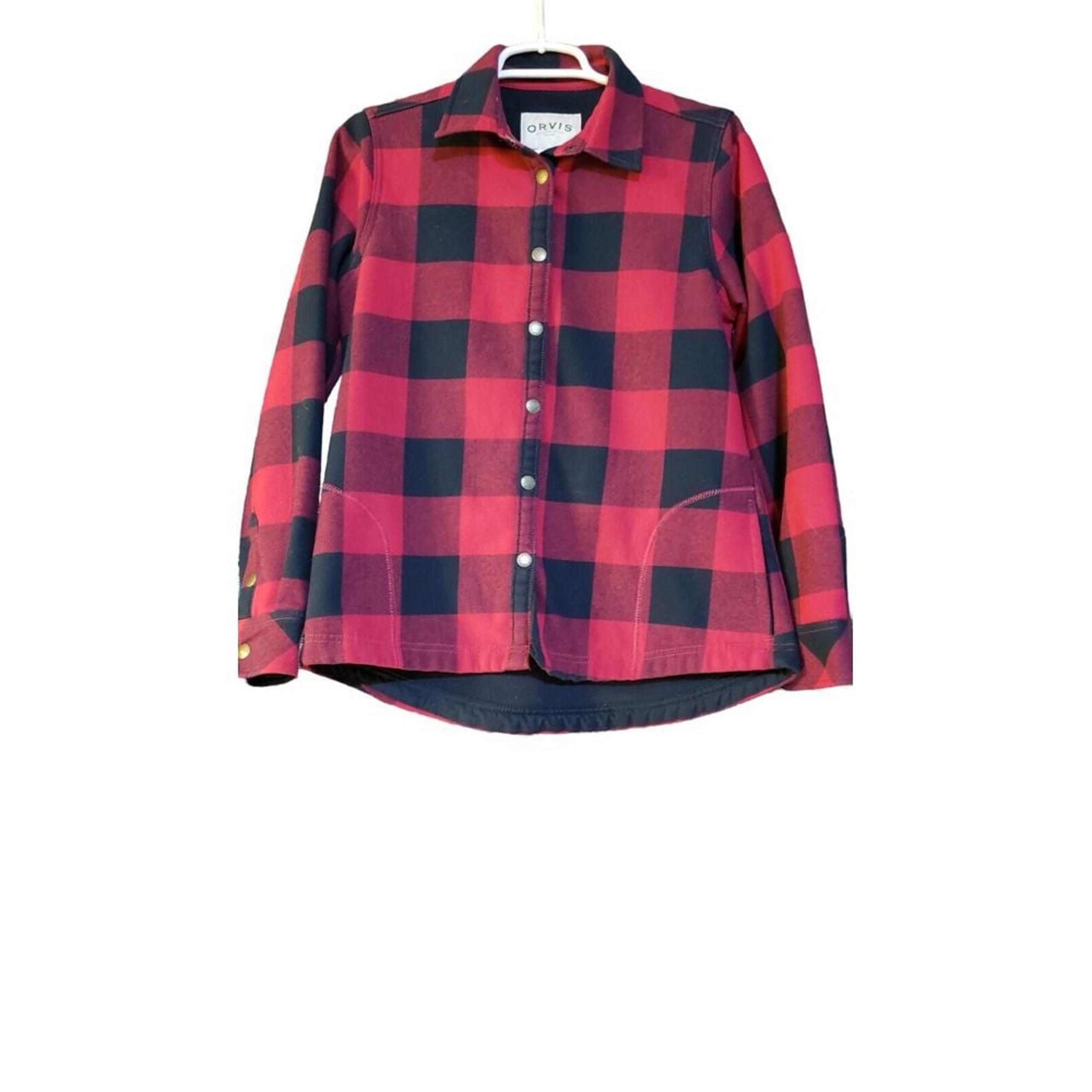 Orvis Shirt Jacket Women Small Flannel Navy Pink Shacket Plaid Snap Up Lined