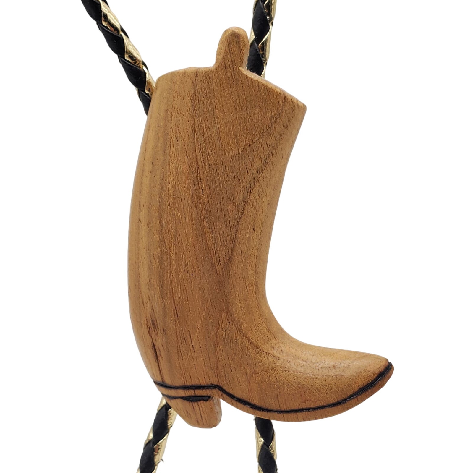 Carved Wood Cowboy Boot Bolo Tie Black Gold Braided Cord 36 L VTG Artist Signed